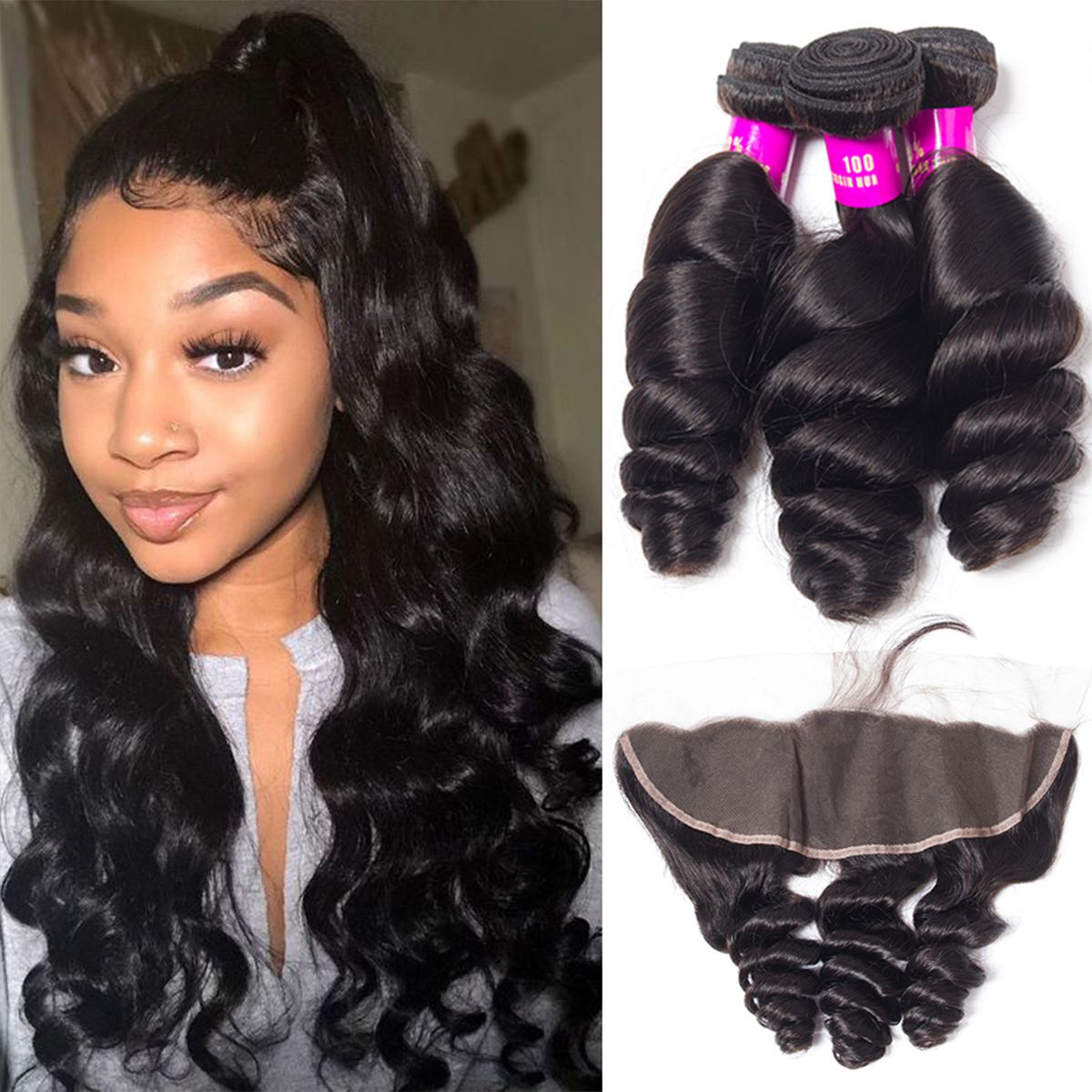 Tinashe Hair With Frontal Brazilian Loose Wave 100% Brazilian Virgin Remy Hair With Frontal Spring Loose Curly 3 Bundles With Frontal