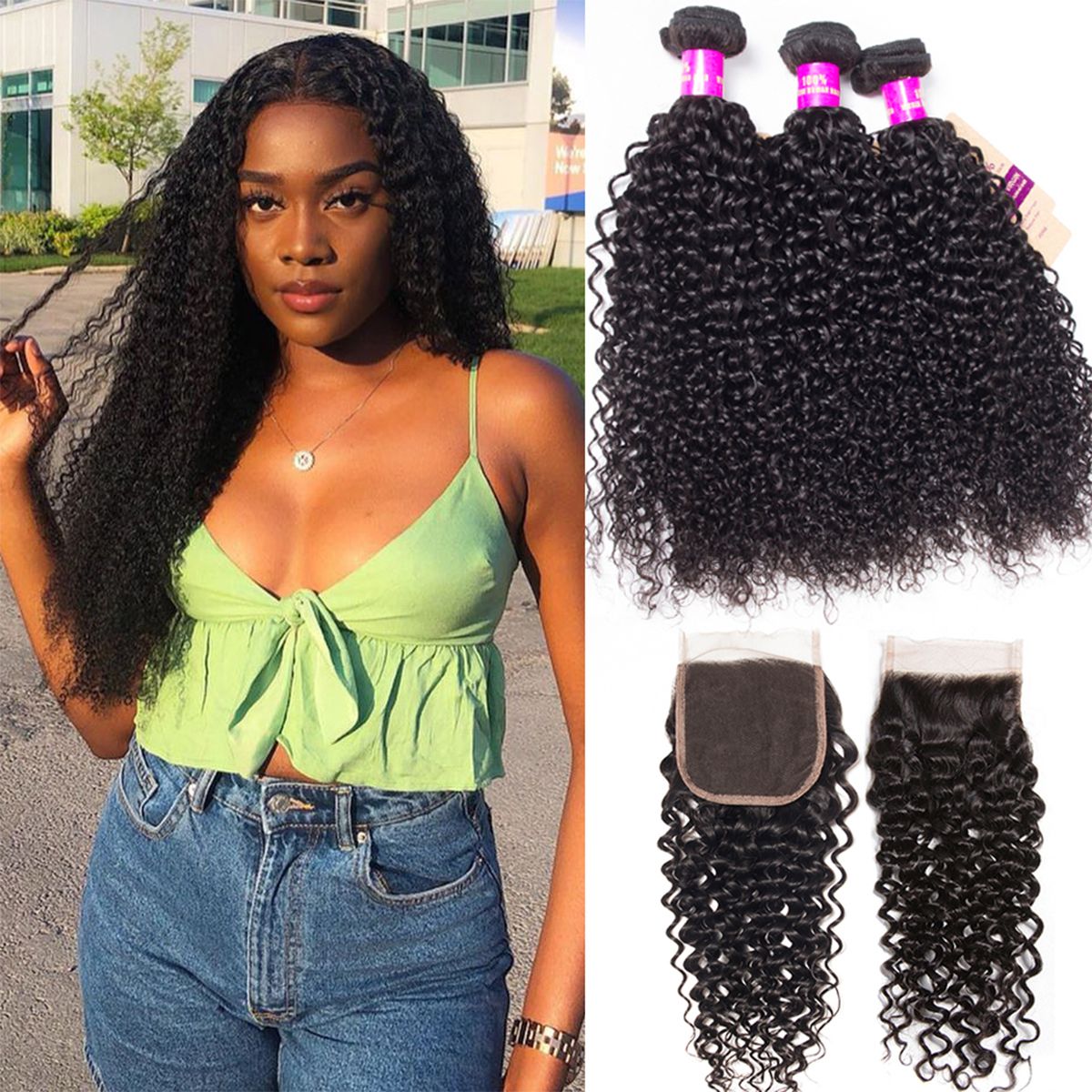 Tinashe Peruvian Curly Human Hair Weft With Closure 100% Virgin Human Hair 3 Bundles With Closure Best Curly