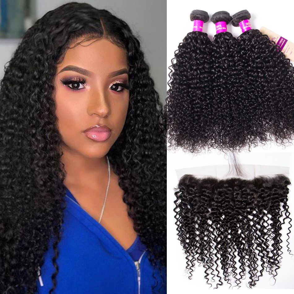 13*4 Lace Frontal Closure With Bundles Peruvian Curly Human Hair Weft 3 Bundles With Frontal 100% Virgin Human Hair