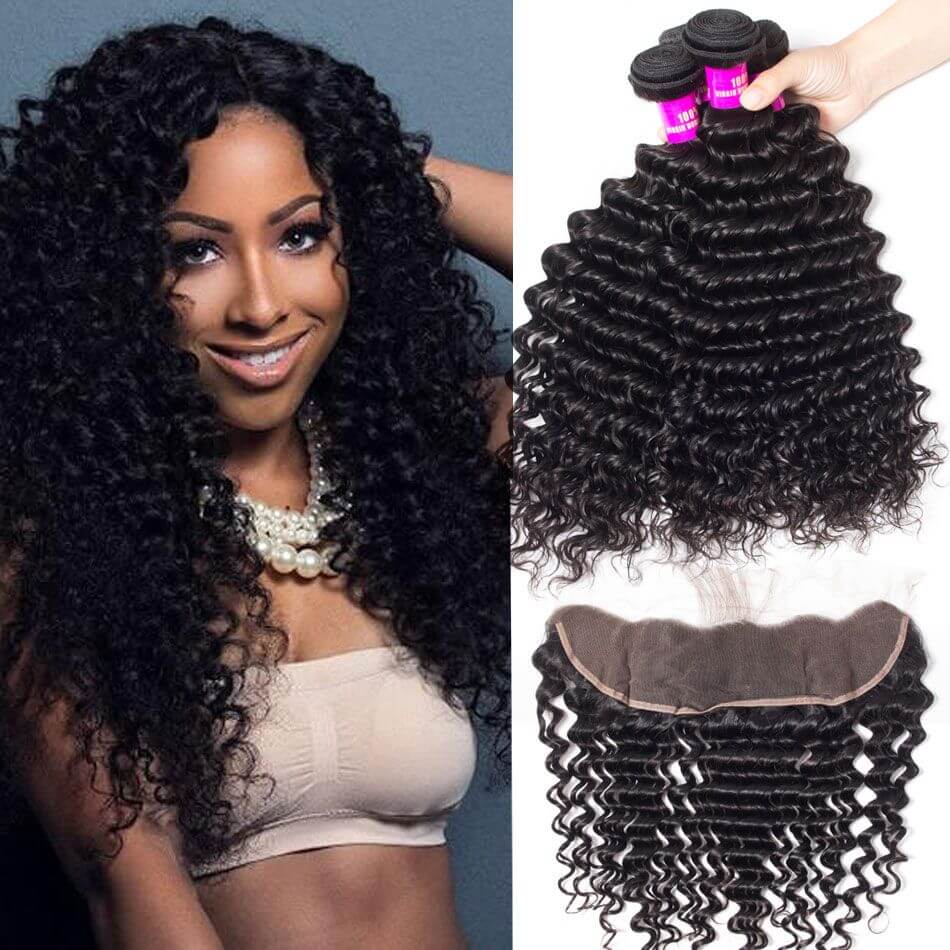 Malaysian Lace Frontal 13*4 Closure Deep Wave Human Hair 4 Bundles With Frontal Deep Curly Weave