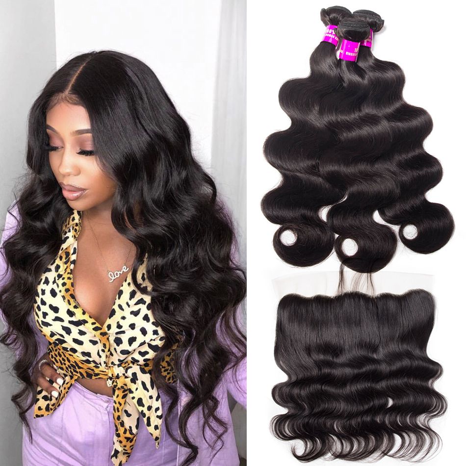 Tinashe Hair Indian Hair Body Wave 3 Bundles with Frontal Ear to Ear Lace Frontal Closure with Bundles Indian Virgin Hair with Closure Human Hair Extensions Lace Frontal with Baby Hair