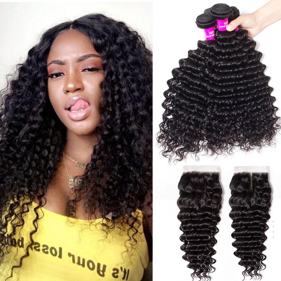 Indian Virgin Hair Deep Wave 4 Bundles With Closure,Tinashe Hair 4 Bundles Human Hair Bundles With Closure Deep Wave Curly