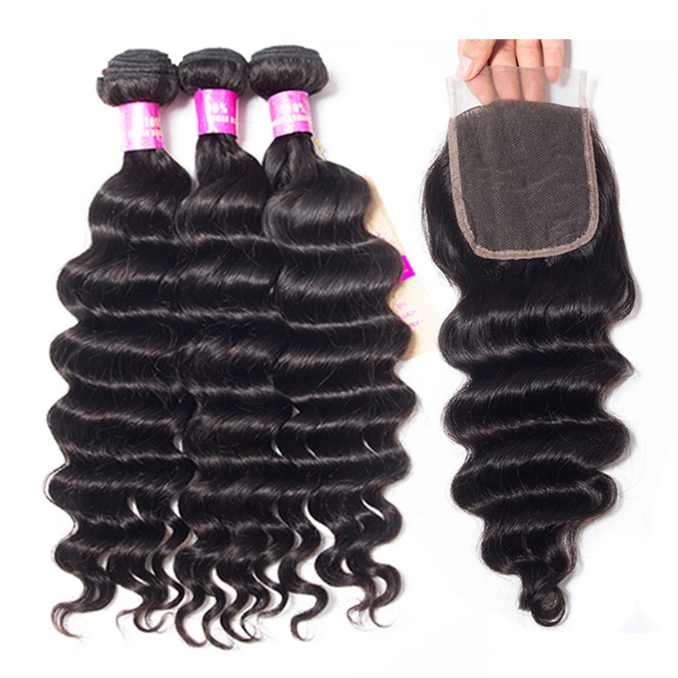 Indian Loose Deep Wave 3 Bundles Human Hair Weft With Closure Loose Deep Wave,Indian Hair Weave Bundles With Closure