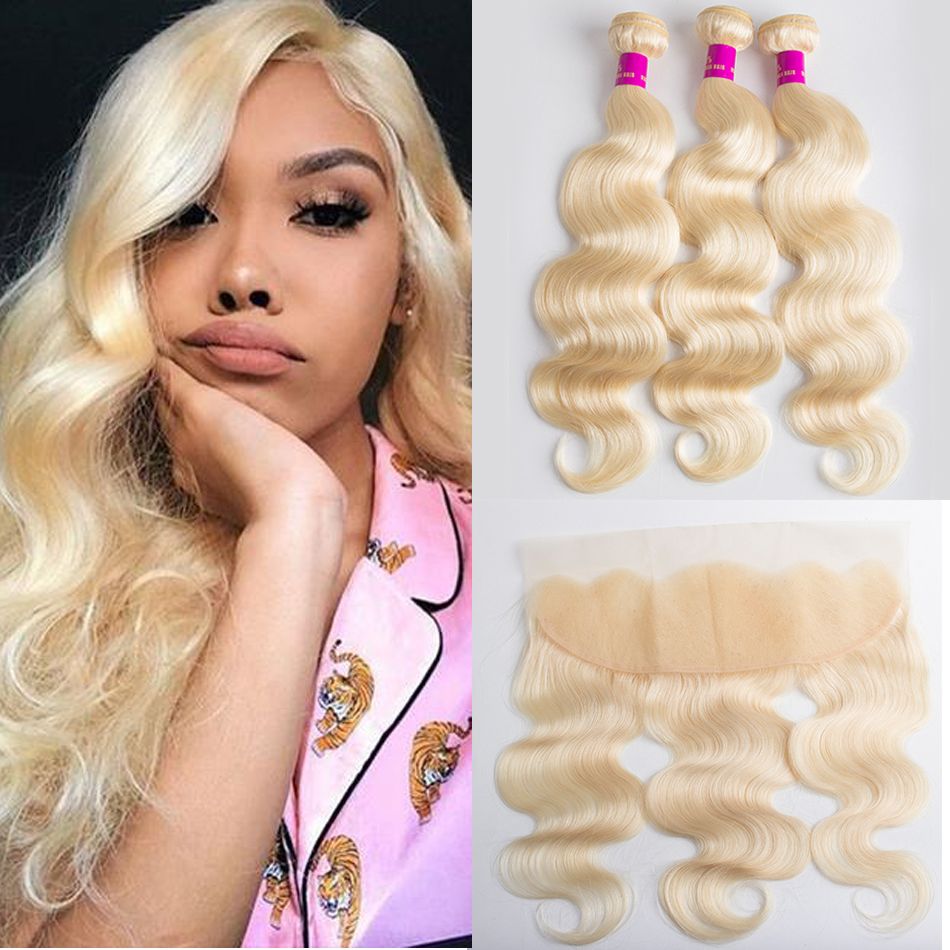 Tinashe hair Brazilian blonde bundle hair with lace frontal closure color 613 blonde body wave 3 bundles with frontal closure