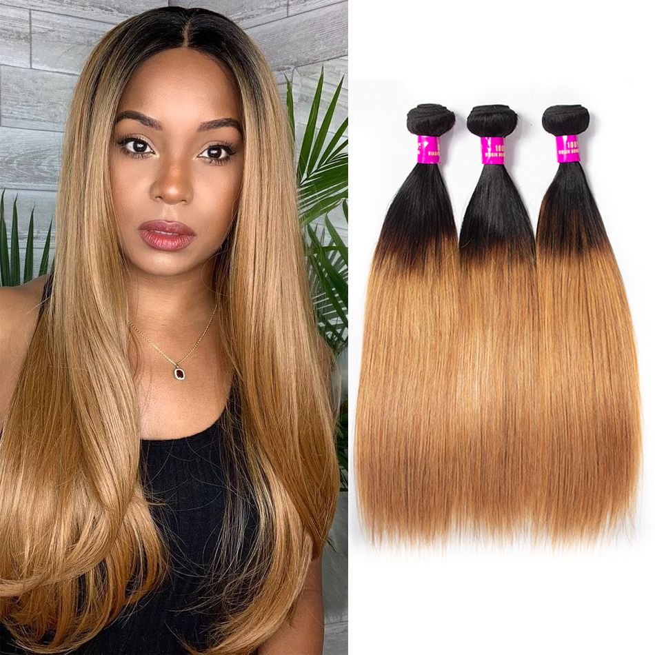 Best Quality Straight Hair Color T1b/27 Honey Blonde 3/4 Bundles Virgin Brazilian Straight Hair