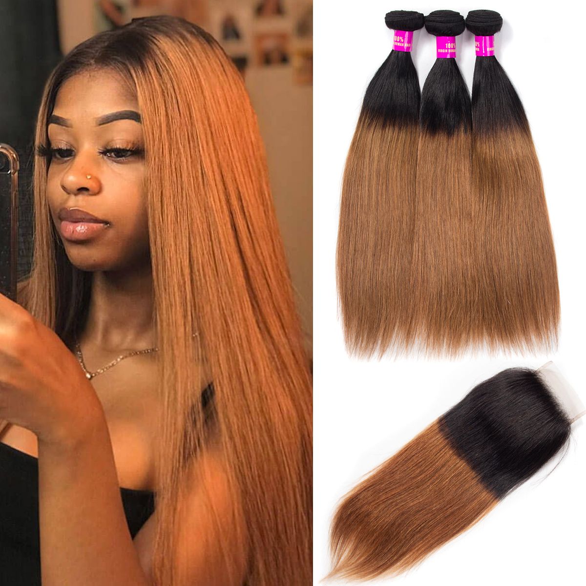 Ombre Hair T1B/30 Brazilian Straight Hair Bundles with Closure