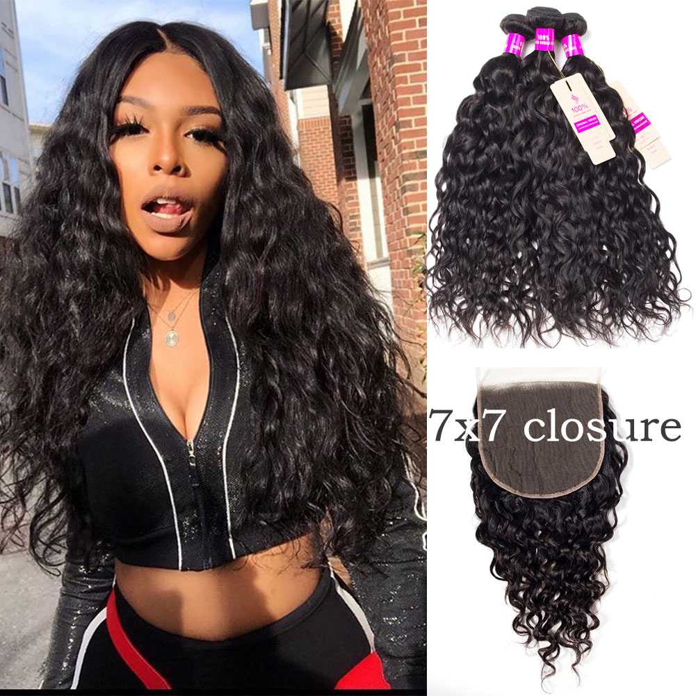 7×7 Lace Closure with Water Wave Hair Bundles
