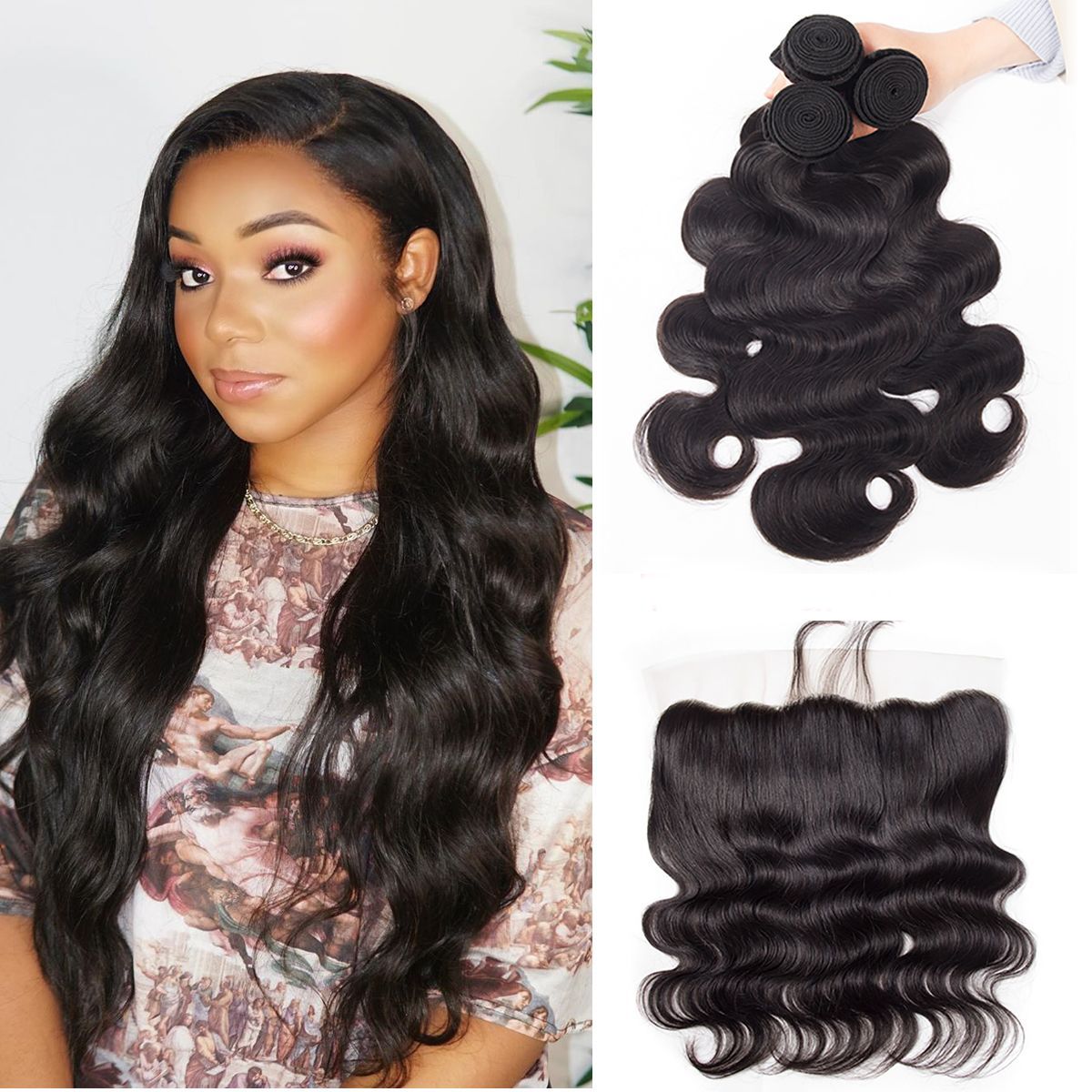 Body Wave Human Hair 3 Bundles with HD Lace Frontal Closure for Full Head
