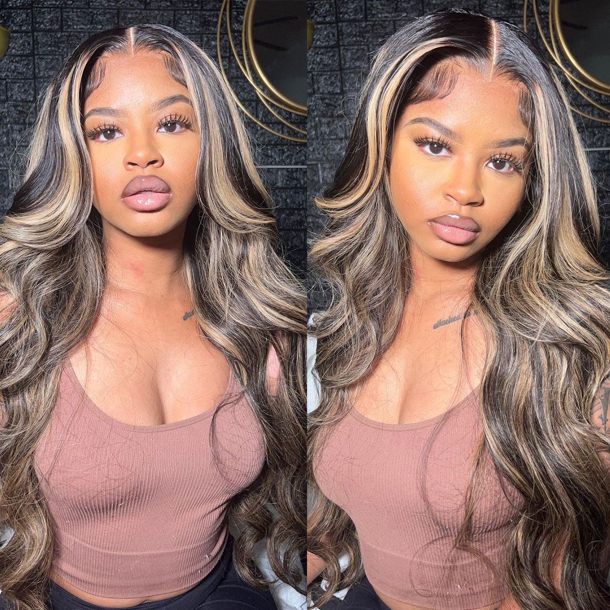 Black Wig With Honey Blonde Highlights Body Wave Lace Wigs With Balayage  Highlights