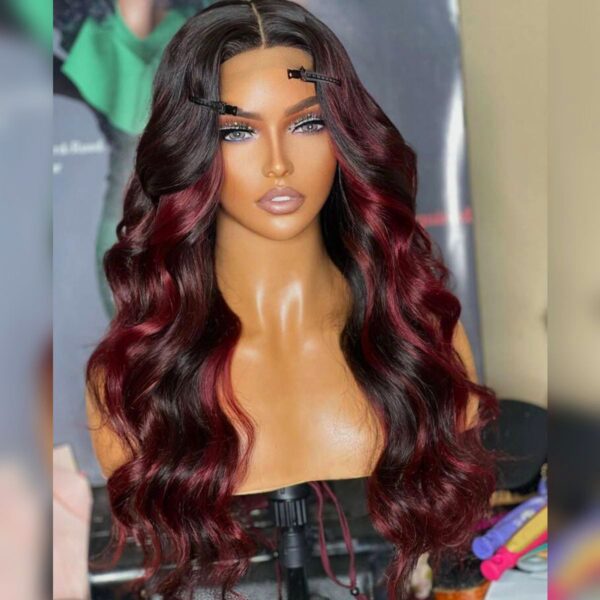 Highlight Burgundy Body Wave 13x4 Full Frontal HD Lace Human Hair Wig ...