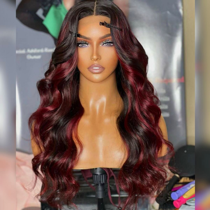 99J Burgundy Highlight Body Wave 13×4 Full Frontal HD Lace Wig.