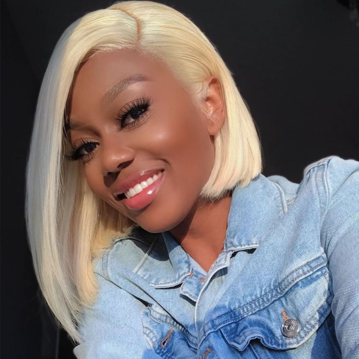 613 Blonde Straight Human Hair Lace Front Short Bob Wigs.