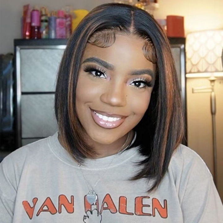 Honey Blonde Highlight Short Bob Straight Hair Lace Front Wigs