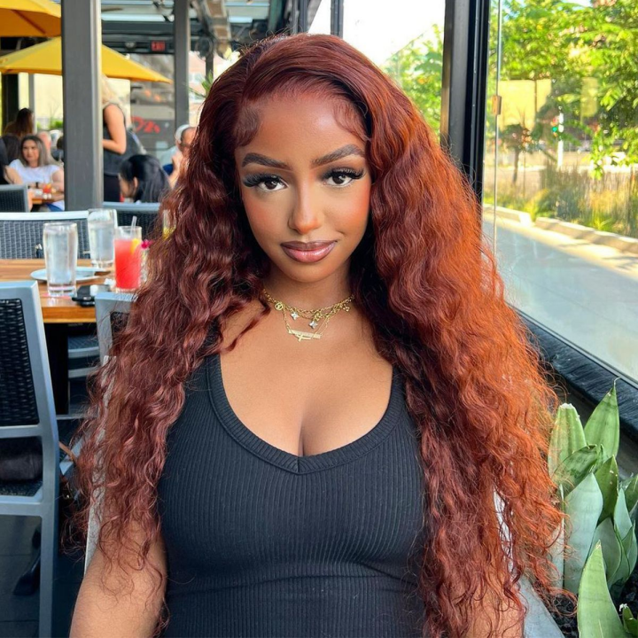 Reddish Brown Water Wave HD Lace Frontal Wig 180%.