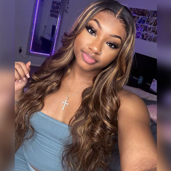 Ombre Highlight Brown With Dark Roots Balayage Body Wave 13×4 HD Lace Frontal Wig.